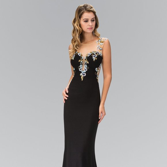 NEW LONG OFF THE SHOULDER SLEEVELESS TRUMPET DRESS EMBROIDERED WITH BEADS GL1402 - Picture 1 of 11